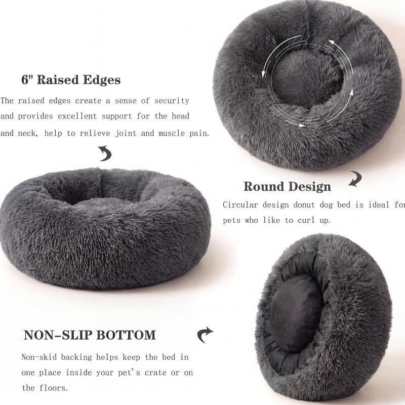nononfish Calming Donut Dogs Beds for Small Dogs Washable,23inch Plush Round Pet Bed for Cozy Sleep,Fluffy Faux Fur Large Cat Bed,Fits up to 25 lbs Pets,Dark Grey - Image 5