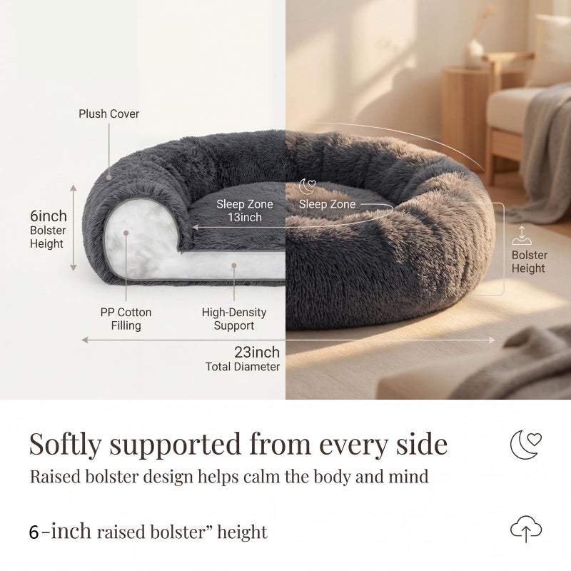 nononfish Calming Donut Dogs Beds for Small Dogs Washable,23inch Plush Round Pet Bed for Cozy Sleep,Fluffy Faux Fur Large Cat Bed,Fits up to 25 lbs Pets,Dark Grey - Image 4