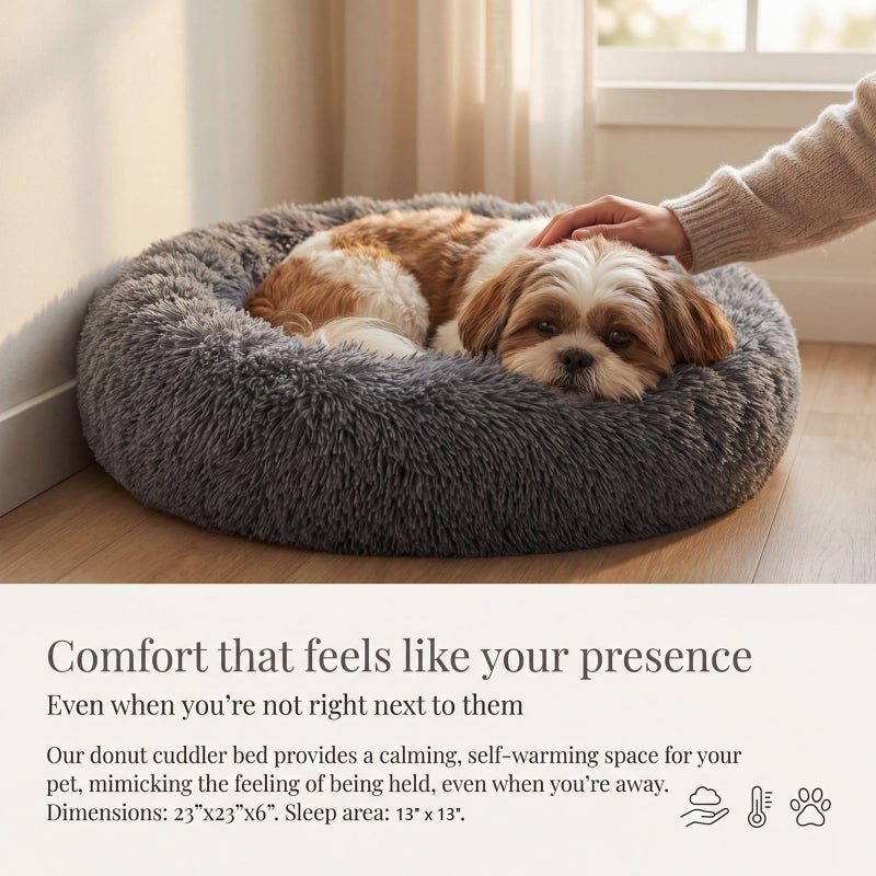 nononfish Calming Donut Dogs Beds for Small Dogs Washable,23inch Plush Round Pet Bed for Cozy Sleep,Fluffy Faux Fur Large Cat Bed,Fits up to 25 lbs Pets,Dark Grey - Image 2