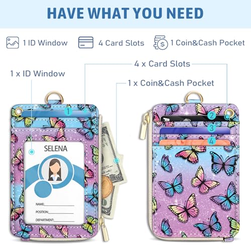 Piefly Butterfly Lanyard Wallet with ID Badge Holder, Small RFID Wallet Women Keychain Wristlet, Slim Credit Card Holder Case with Zipper Pocket Phone Lanyard Wrist Strap Name Tag Office Teacher Gift - Image 3