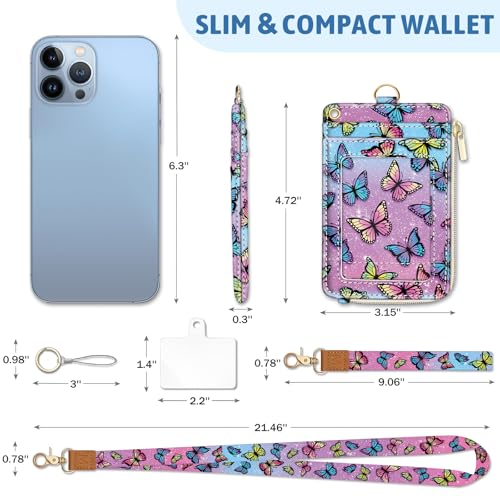 Piefly Butterfly Lanyard Wallet with ID Badge Holder, Small RFID Wallet Women Keychain Wristlet, Slim Credit Card Holder Case with Zipper Pocket Phone Lanyard Wrist Strap Name Tag Office Teacher Gift - Image 4