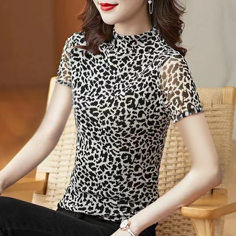 Middle-Aged Mother Large Size Sleeve Short Round Neck Thin Fashionable Stylish Printed All-Match Shirt Base-Shirt T-Shirt - Image 1