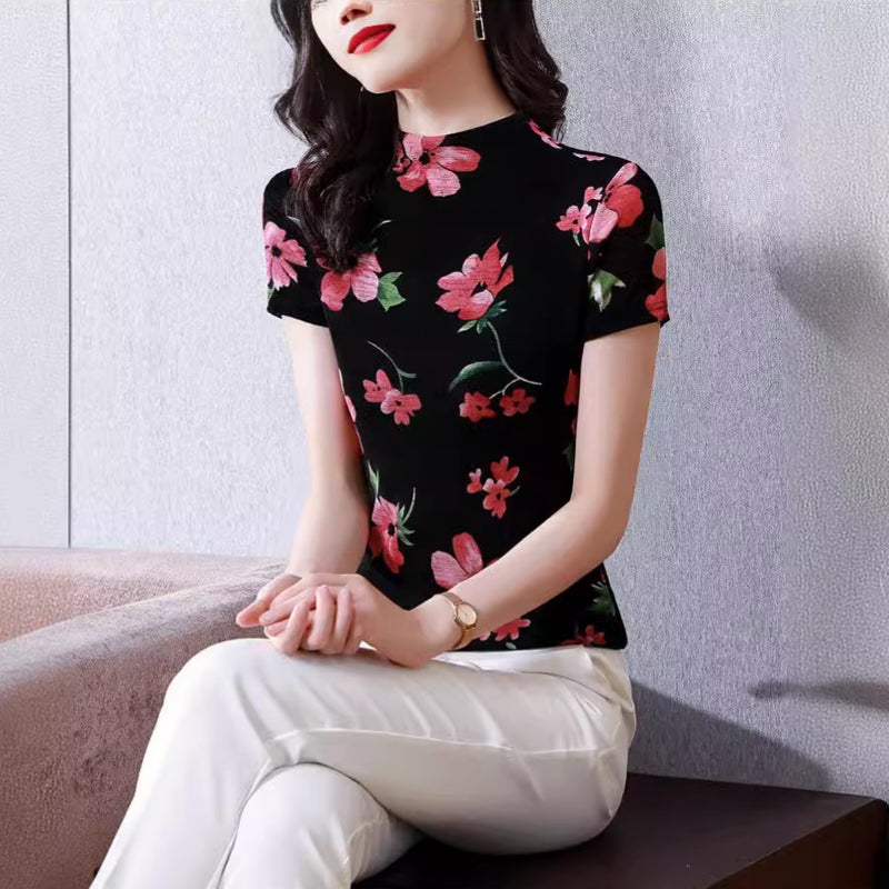 Middle-Aged Mother Large Size Sleeve Short Round Neck Thin Fashionable Stylish Printed All-Match Shirt Base-Shirt T-Shirt - Image 2
