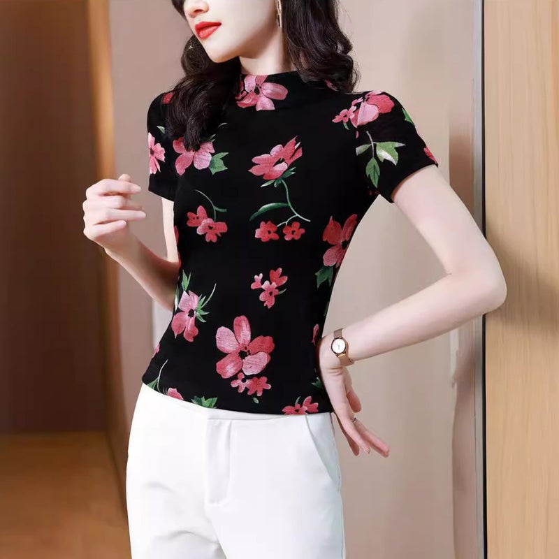 Middle-Aged Mother Large Size Sleeve Short Round Neck Thin Fashionable Stylish Printed All-Match Shirt Base-Shirt T-Shirt - Image 4