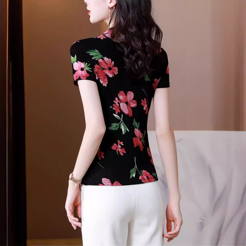 Middle-Aged Mother Large Size Sleeve Short Round Neck Thin Fashionable Stylish Printed All-Match Shirt Base-Shirt T-Shirt - Image 5