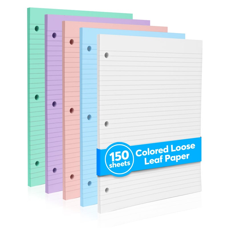 Manaloom Colored Notebook Paper â€“ 8.5 x 11, 150 Sheets â€“ Thick 80 gsm College Ruled Colorful Loose Leaf Filler Paper â€“ 3-Hole Punched Binder Papers for School, Office, and Journaling (Pastel) - Image 1