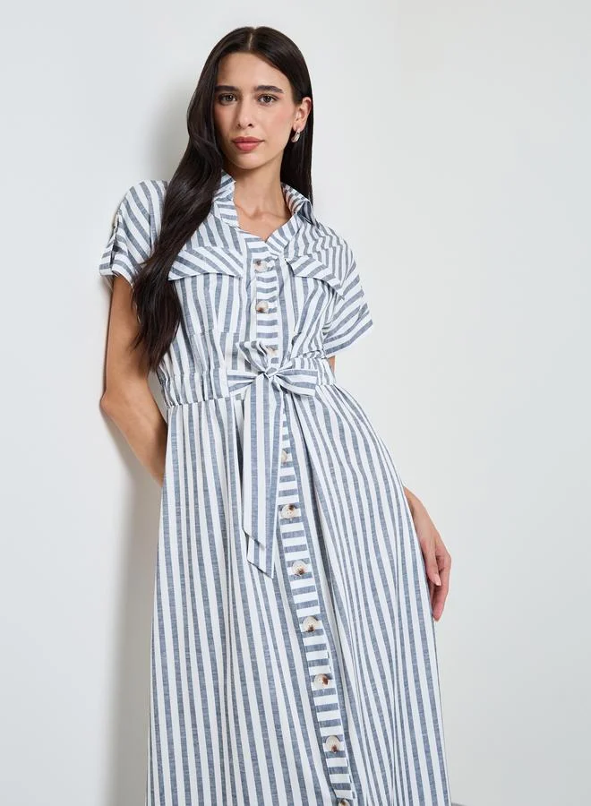 ستايلي Blue Striped Shirt Midi Dress with Tie-Waist