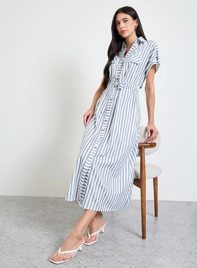 ستايلي Blue Striped Shirt Midi Dress with Tie-Waist