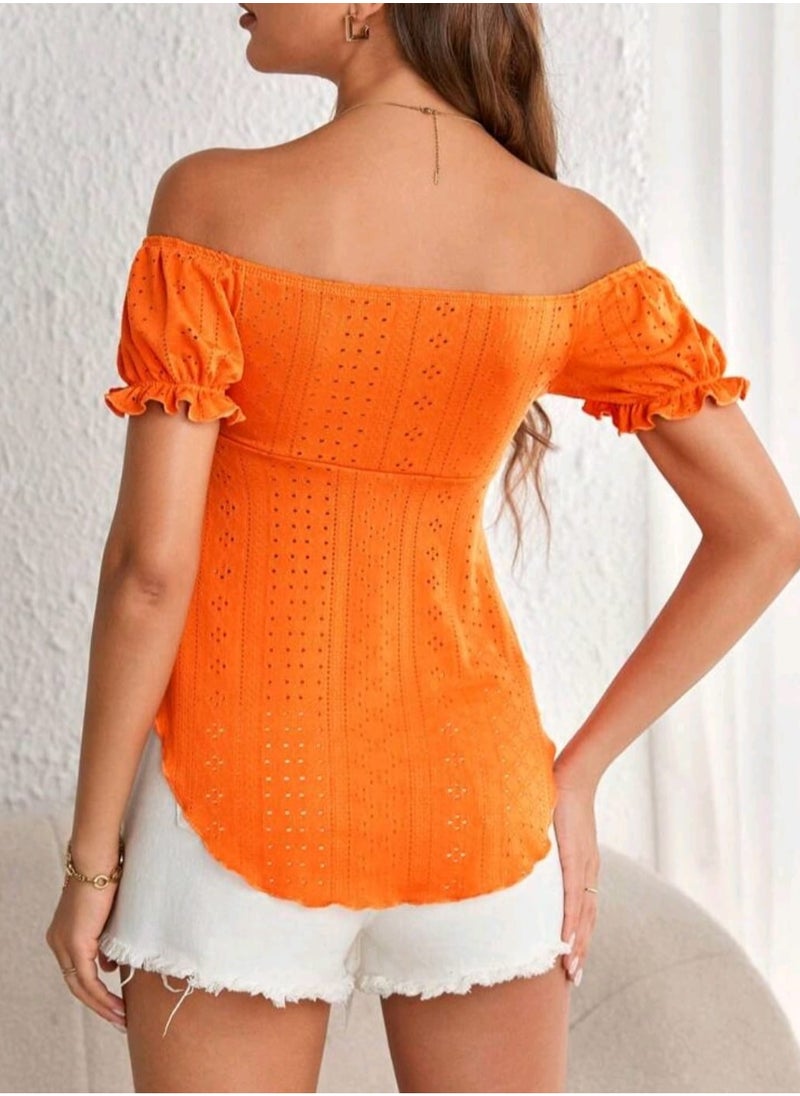 Shein - SHEIN WYWH Off Shoulder Knot Front Curved Hem Tee ORANGE - Image 1