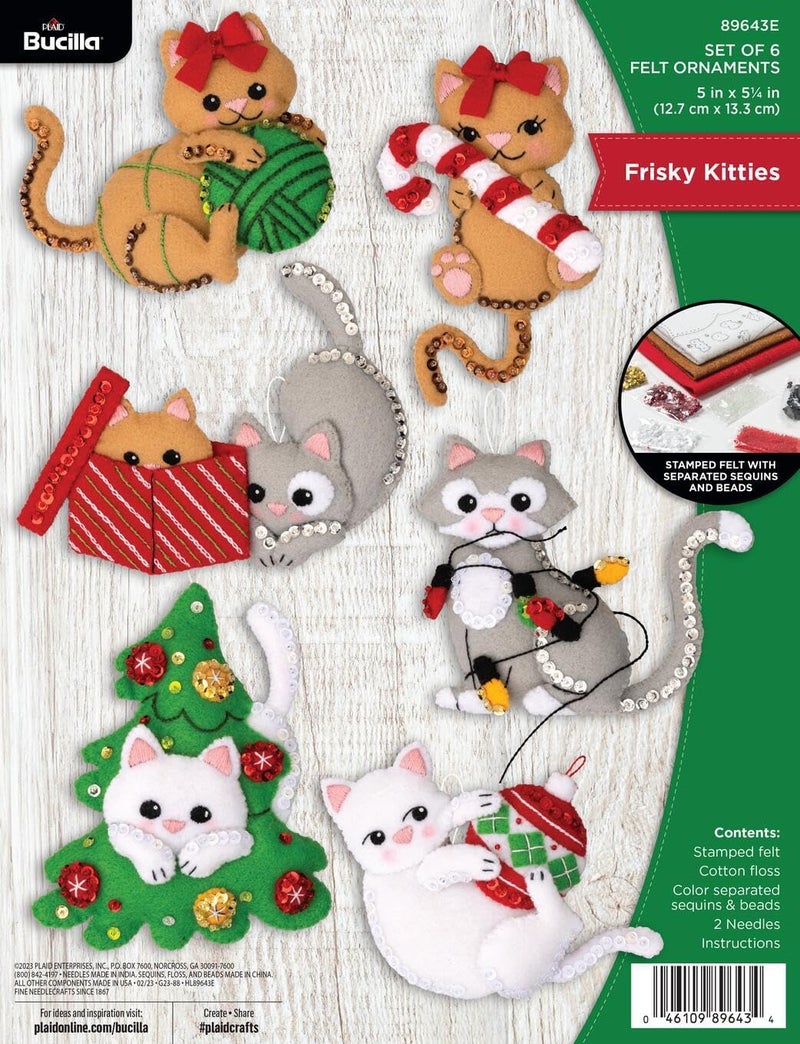 Bucilla, Frisky Kitties, Felt Applique 6 Piece Ornament Making Kit, Perfect for Holiday DIY Arts and Crafts, 89643E - Image 1