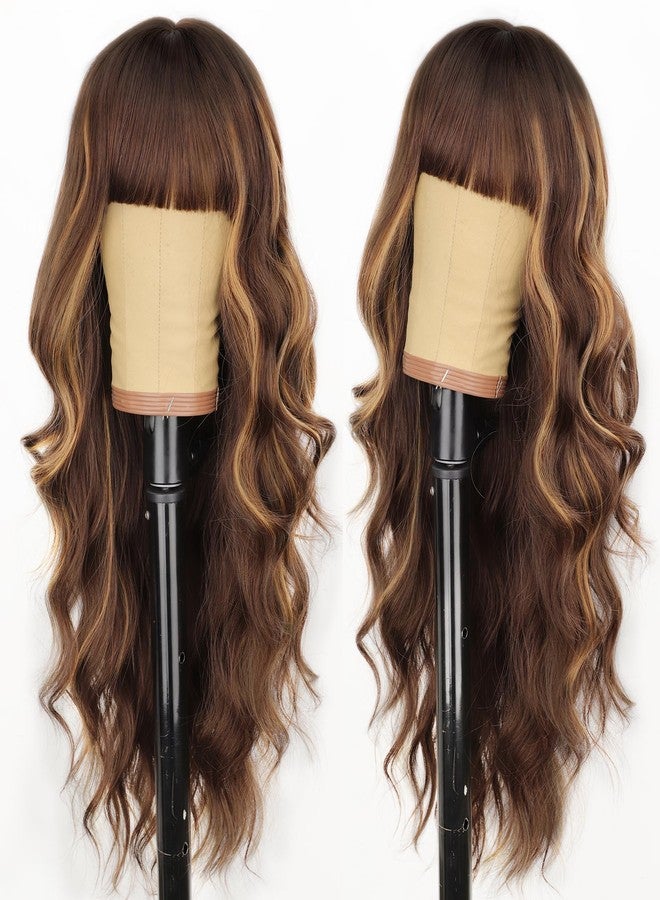 AISI HAIR Brown with Highlight Wig with Bangs Long Wavy Synthetic Wig for Women Daily Party Use - Image 2