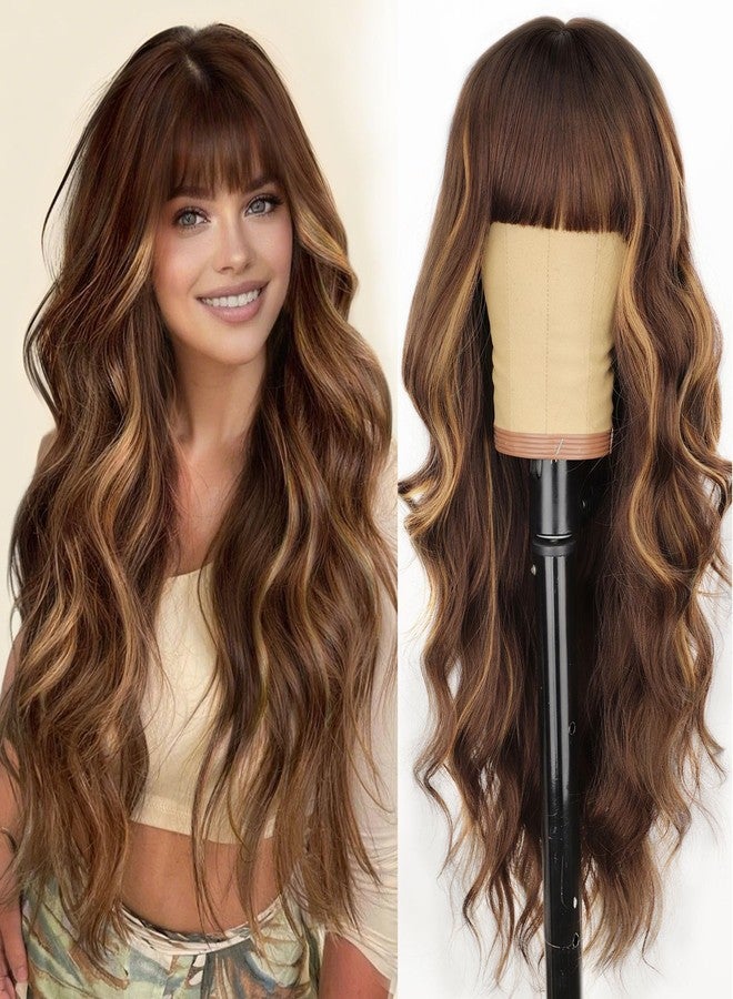 AISI HAIR Brown with Highlight Wig with Bangs Long Wavy Synthetic Wig for Women Daily Party Use - Image 1