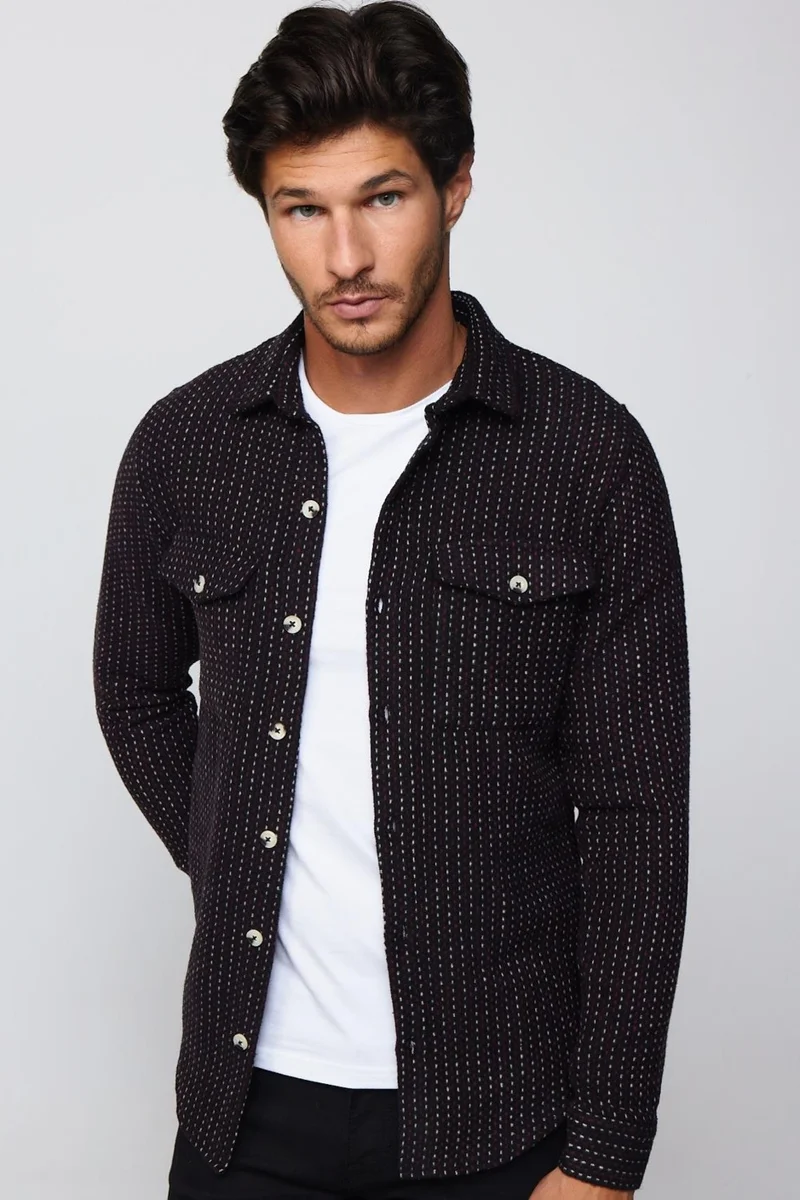 تودورس Slim Fit Striped Flap Double Pocket Men's Shirt