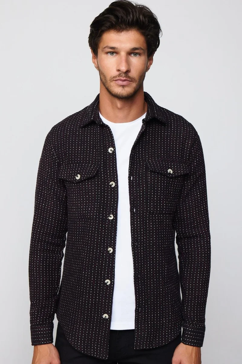 تودورس Slim Fit Striped Flap Double Pocket Men's Shirt