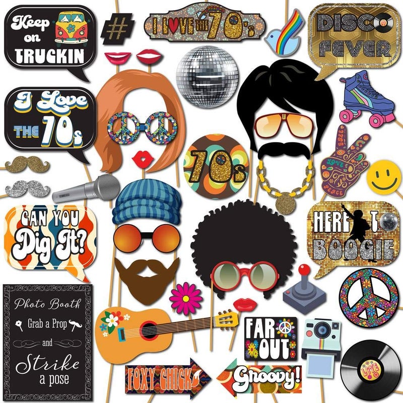 70s Photo Booth Props  41pc Disco Photo Booth Kit with 8 x 10Inch Sign 60 Adhesive Pads 45 Sticks  Disco Photo Booth Props  70s Party Props  70s Decorations