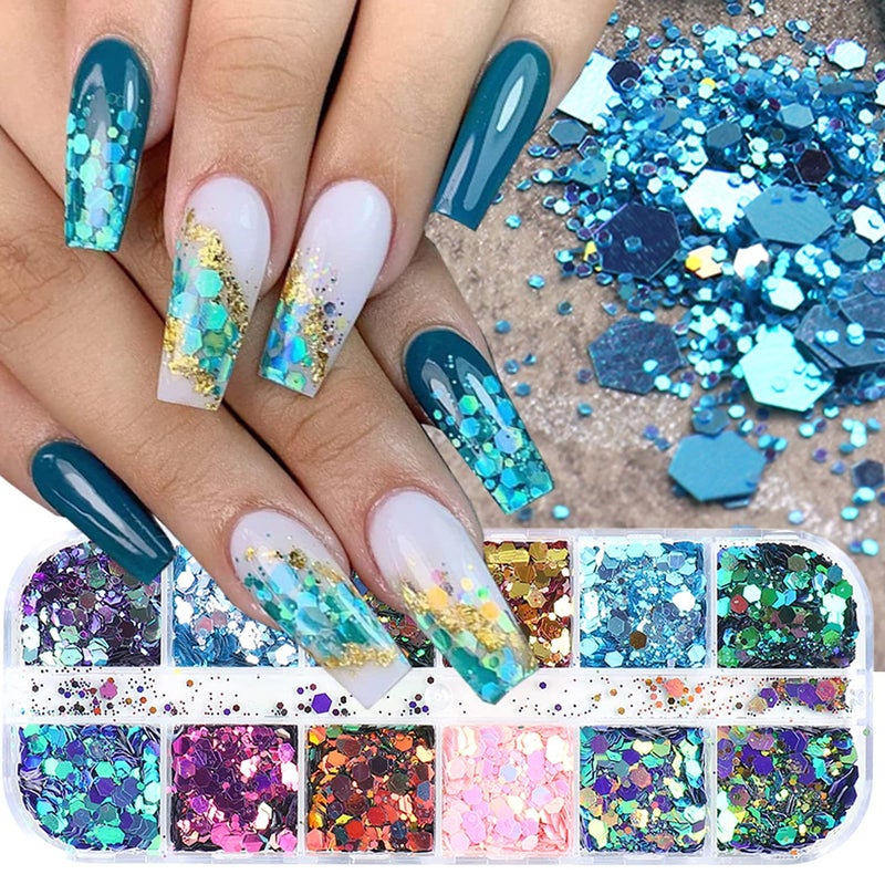 Chameleon Nail Art Glitter Sequins 3D Sparkly Nail Flakes Decorations Holographic Laser Gradient Nail Art Design Shiny Glitters Powder Accessories Supplies for Women Girls DIY Resin Nail Art Tips