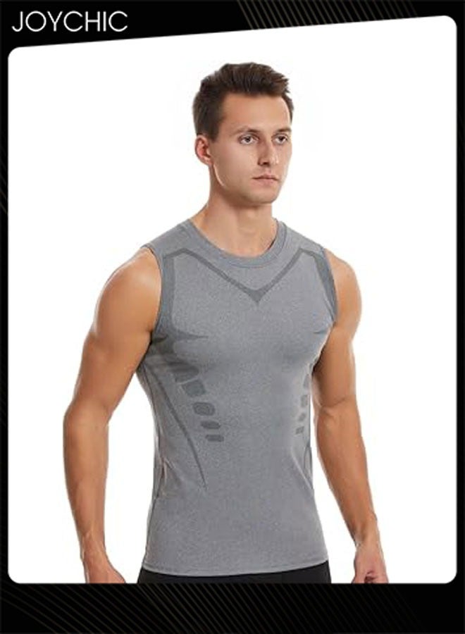 Joychic Men Sports Vest Quick-drying High-elastic Tights Fitness Basketball Running Training Wide Shoulder T-shirt for All Seasons Grey - Image 2