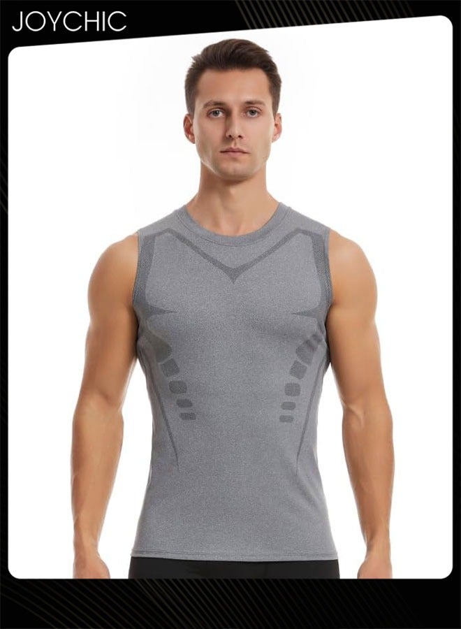 Joychic Men Sports Vest Quick-drying High-elastic Tights Fitness Basketball Running Training Wide Shoulder T-shirt for All Seasons Grey - Image 1