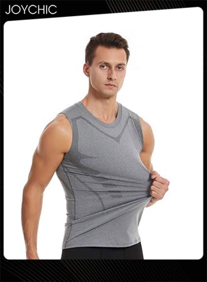 Joychic Men Sports Vest Quick-drying High-elastic Tights Fitness Basketball Running Training Wide Shoulder T-shirt for All Seasons Grey - Image 3