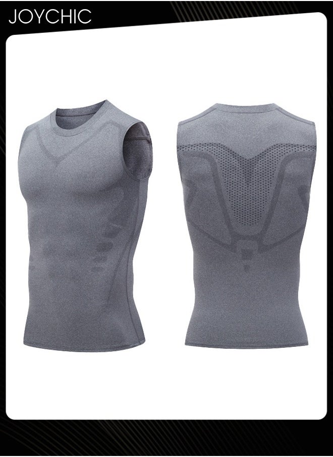 Joychic - Men Sports Vest Quick-drying High-elastic Tights Fitness Basketball Running Training Wide Shoulder T-shirt for All Seasons Grey - Image 1