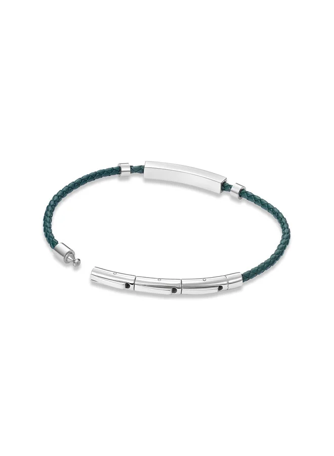 POLICE Contour BraceletOlive Green Leather with Stainless Steel Rings and Etched  PlaqueMen's Bold Statement Style