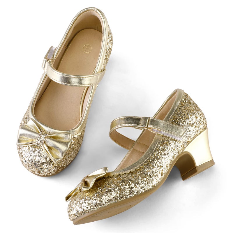 K KomForme Girl's Dress Shoes Mary Jane Glitter 1.5 in Low Heel Wedding Party Princess Shoes for Toddler/Little/Big Kids Gold - Image 3
