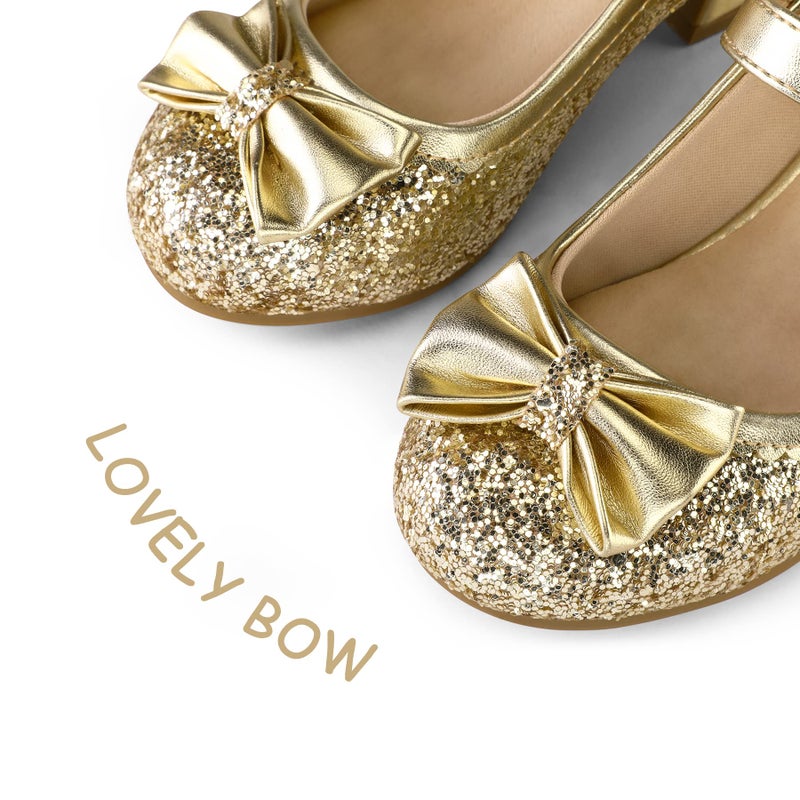 K KomForme Girl's Dress Shoes Mary Jane Glitter 1.5 in Low Heel Wedding Party Princess Shoes for Toddler/Little/Big Kids Gold - Image 2
