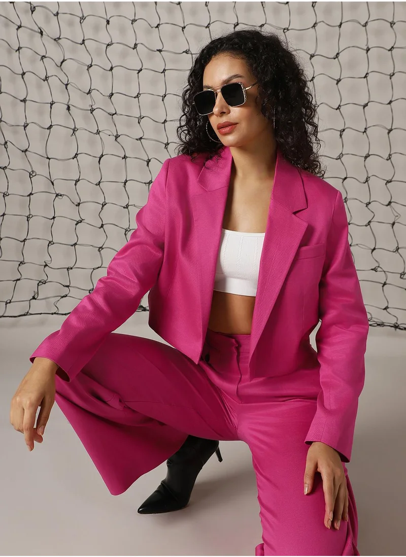 Hubberholme Women's Magenta Cotton Blend Solid Oversized Blazer