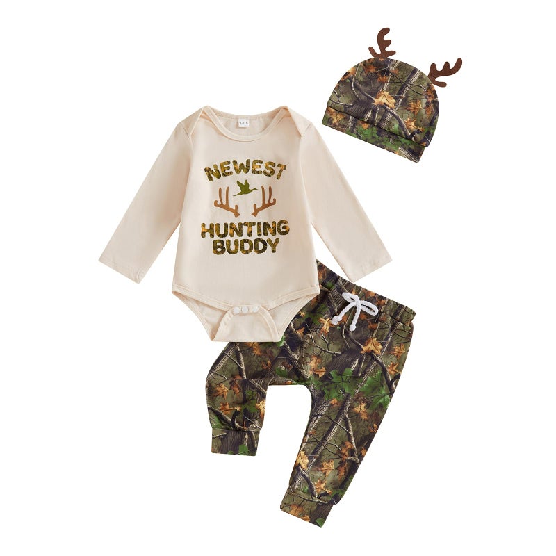 GOOCHEER Newborn Baby Boy Clothes Hunting Long Sleeve Romper Shirt Tops Pants Fall Winter Outfits Hat Set (Army Green, 3-6 Months) - Image 1