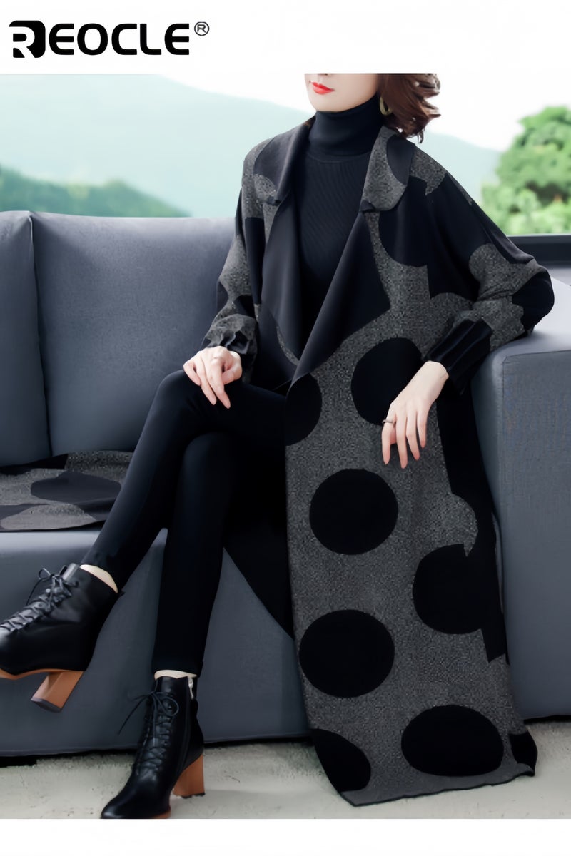 ريوكل معطف نسائي طويل بطبعة مفتوحة من الأمام، معطف كارديجان محبوك بأكمام طويلة وجيوب - Image 1