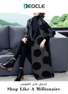 Women's Long Coat with Print Open Front Sweater Long Sleeve Casual Knit Lapel Cardigan Coat with Pockets