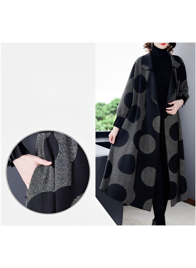 REOCLE - Women's Long Coat with Print Open Front Sweater Long Sleeve Casual Knit Lapel Cardigan Coat with Pockets - Image 1