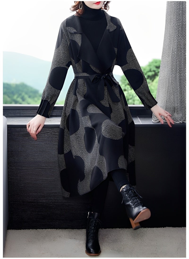 REOCLE - Women's Long Coat with Print Open Front Sweater Long Sleeve Casual Knit Lapel Cardigan Coat with Pockets - Image 1