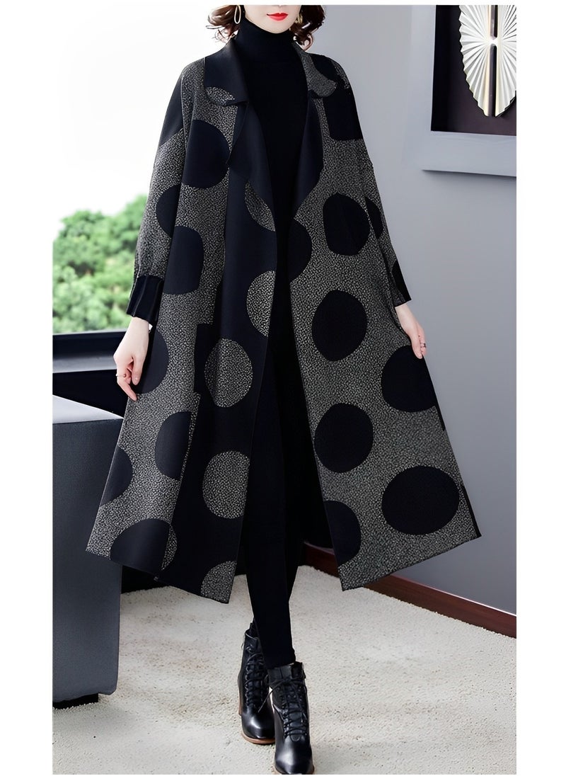 REOCLE - Women's Long Coat with Print Open Front Sweater Long Sleeve Casual Knit Lapel Cardigan Coat with Pockets - Image 1
