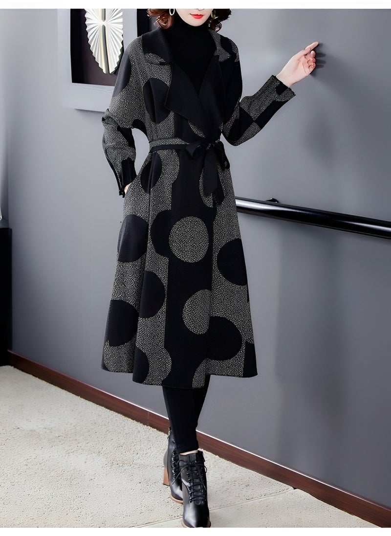 REOCLE - Women's Long Coat with Print Open Front Sweater Long Sleeve Casual Knit Lapel Cardigan Coat with Pockets - Image 1