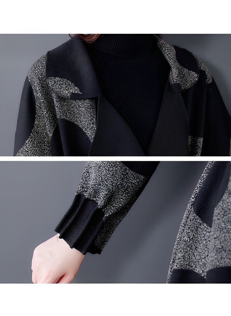 REOCLE - Women's Long Coat with Print Open Front Sweater Long Sleeve Casual Knit Lapel Cardigan Coat with Pockets - Image 1