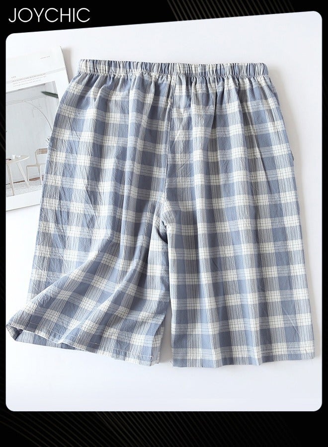 NIBEMINENT Japanese Style Plaid Pajama Bottom Men's Summer Pure Cotton Sweat-absorbent Loose Double-layer Gauze Home Pants  - Image 1