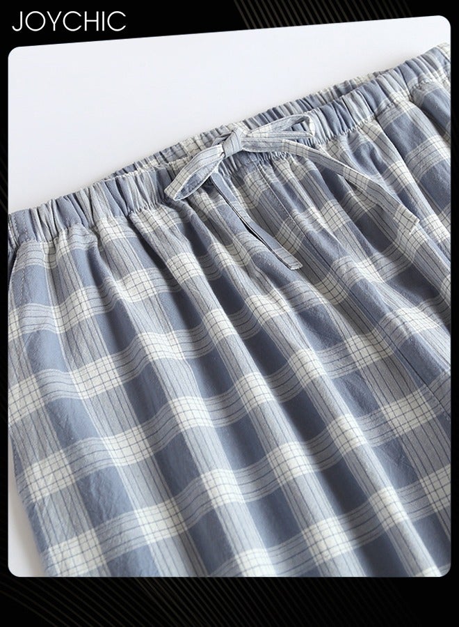NIBEMINENT Japanese Style Plaid Pajama Bottom Men's Summer Pure Cotton Sweat-absorbent Loose Double-layer Gauze Home Pants  - Image 2
