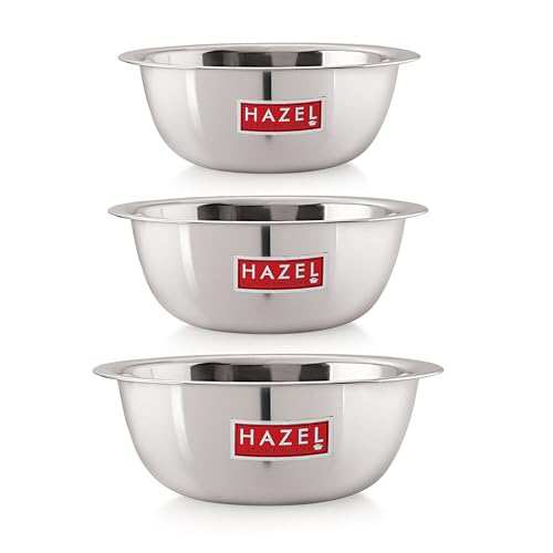 HAZEL Stainless Steel Serving Bowl | Serving Bowl for Cake Batter | Kitchen and Baking Accessories Items, Set of 3, 350 ML, 550 ML & 770 ML - Image 1