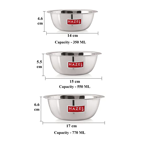 HAZEL Stainless Steel Serving Bowl | Serving Bowl for Cake Batter | Kitchen and Baking Accessories Items, Set of 3, 350 ML, 550 ML & 770 ML - Image 4