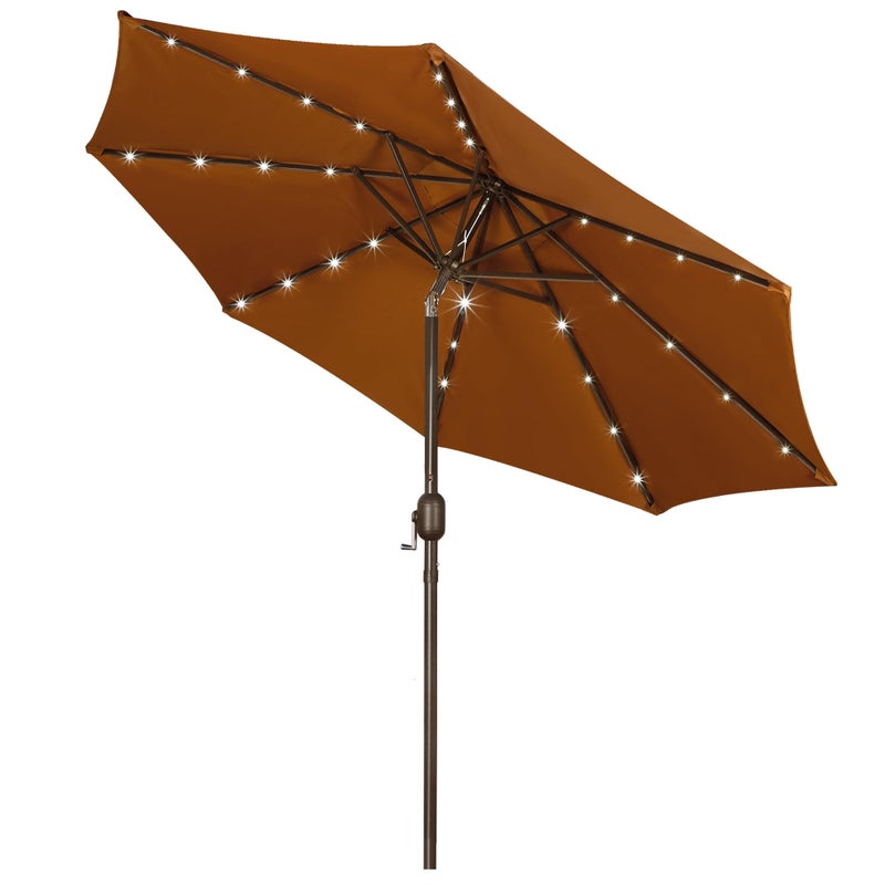Blissun 9 ft Solar Umbrella 32 LED Lighted Patio Umbrella Table Market Umbrella with Tilt and Crank Outdoor Umbrella for Garden, Deck, Backyard, Pool and Beach, Brown - Image 1