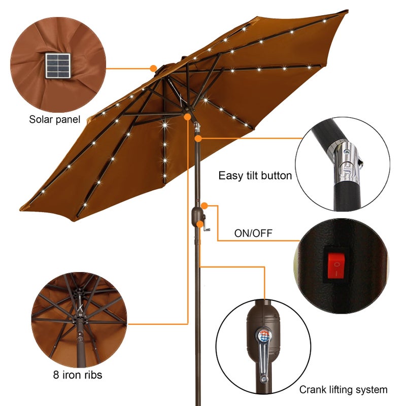 Blissun 9 ft Solar Umbrella 32 LED Lighted Patio Umbrella Table Market Umbrella with Tilt and Crank Outdoor Umbrella for Garden, Deck, Backyard, Pool and Beach, Brown - Image 2