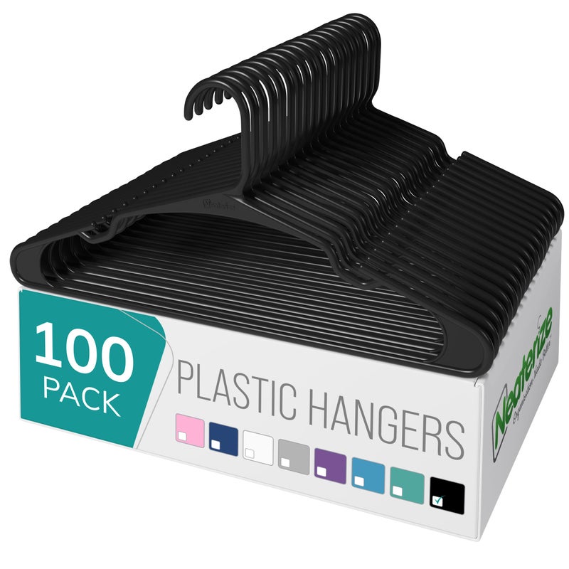 NEATERIZE Clothes Hangers Plastic 100 Pack for Adults - Plastic Hangers, The Perfect Coat Hanger and Space Saving Clothes Hangers for Closet - Black Hangers - Image 1