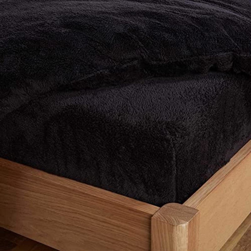 Brentfords Teddy Fleece Fitted Bed Sheet Thermal Warm Soft Luxury Fluffy Cuddly Cosy Bedding Black  Double