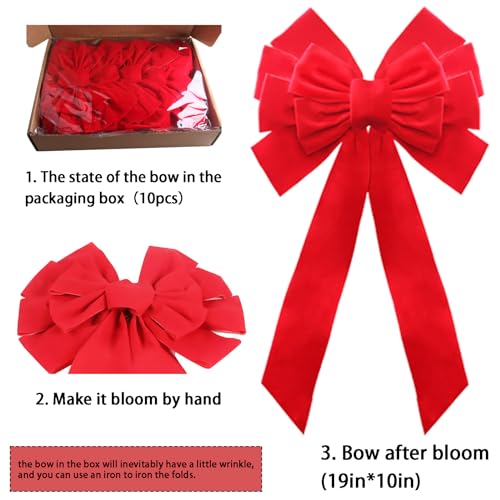 Buart Red Velvet Christmas Bow 19" Long 10" Wide,10 Pcs Holiday Christmas Bows - Image 3