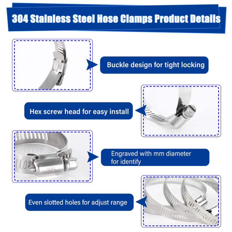 imsiboc 30PCS 304 Stainless Steel Hose Clamp Assortment Kit, 3/8'' - 5/8'' (10-16mm) Adjustable Worm Gear Fuel Line Clamp for Plumbing, Automotive And Mechanical Applications - Image 3