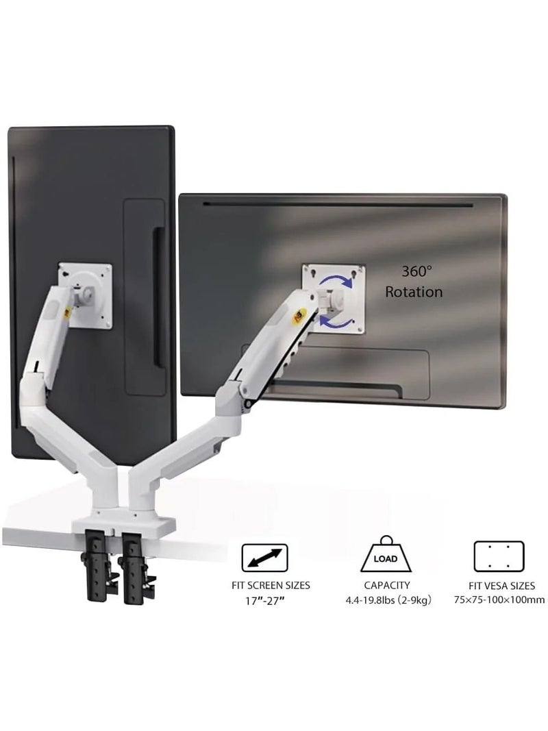 ان بي ايرجونوميك حامل شاشة الكمبيوتر فوق الطاولة ذو ذراعين مزود بنابض غازي F160W يدعم شاشتين من 17" إلى 27" بوزن يصل إلى 19.8 رطل لكل شاشة، توافق مع معايير فيسا 75x75 و100x100، ميل، دوران 360° وتعديل زاوية لتحسين الوضعية، لون أبيض - NB-F160W - Image 2