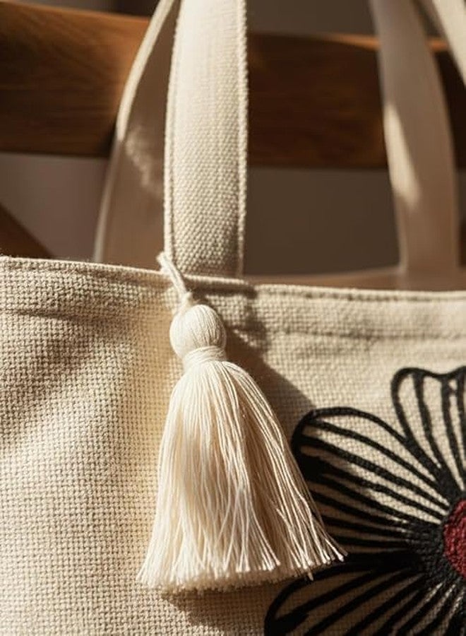 BLENZZA DECO حقيبة كتف وحقيبة يد من قماش الكانفاس القطني الطبيعي من بلينزا ديكو™، مزينة بتطريز عصري، مثالية للنساء، مناسبة للجامعة والتسوق والاستخدام اليومي (16 × 16 بوصة) (التصميم 2) - Image 4