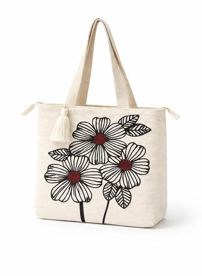 BLENZZA DECO حقيبة كتف وحقيبة يد من قماش الكانفاس القطني الطبيعي من بلينزا ديكو™، مزينة بتطريز عصري، مثالية للنساء، مناسبة للجامعة والتسوق والاستخدام اليومي (16 × 16 بوصة) (التصميم 2) - Image 1