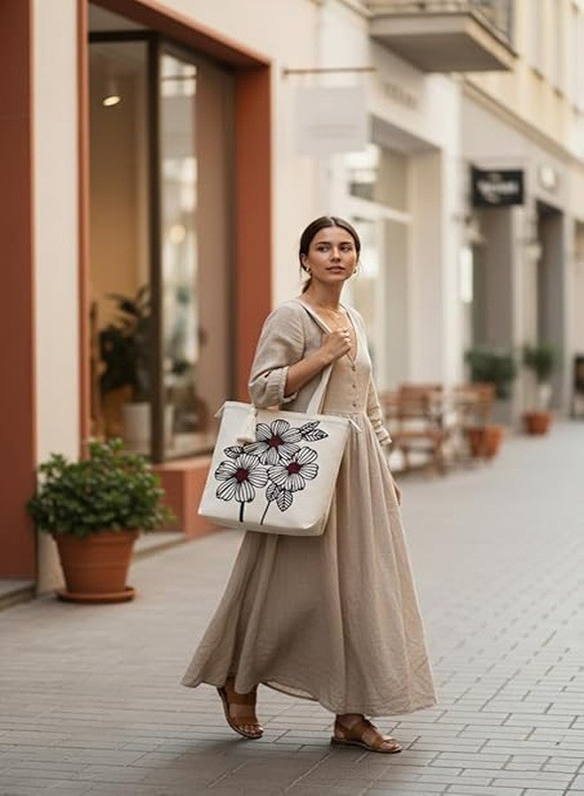 BLENZZA DECO حقيبة كتف وحقيبة يد من قماش الكانفاس القطني الطبيعي من بلينزا ديكو™، مزينة بتطريز عصري، مثالية للنساء، مناسبة للجامعة والتسوق والاستخدام اليومي (16 × 16 بوصة) (التصميم 2) - Image 5